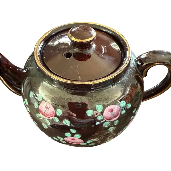 Vintage made in  England WWII Floral Enameled Brown Stoneware Teapot - Picture 2 of 7